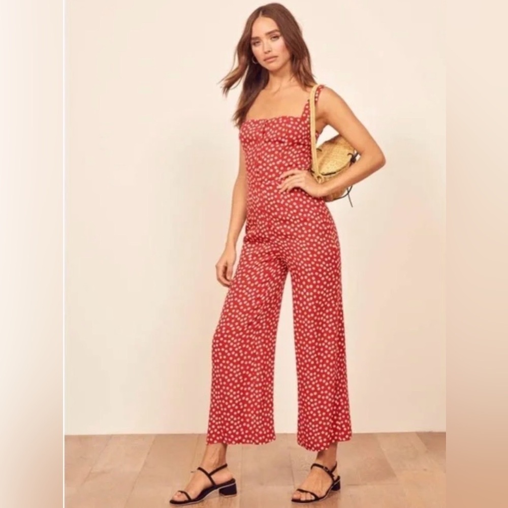 Reformation Red Polka Dot Strap Jumpsuit